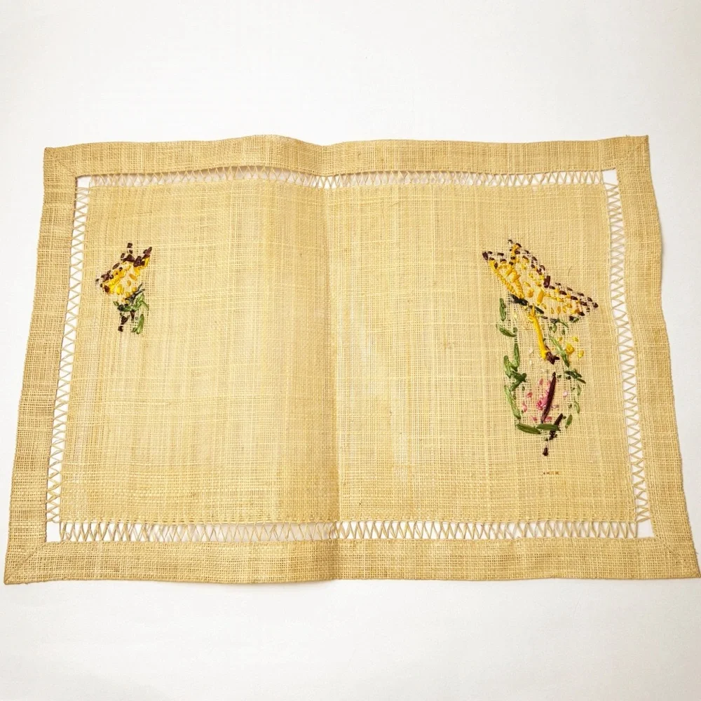 Vintage Woven Straw Embroidered Butterly Placemats